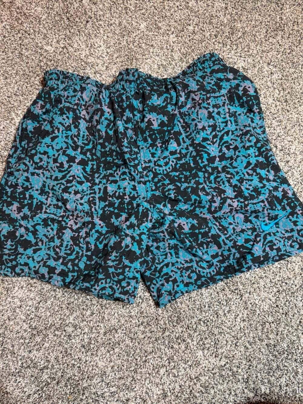 Vintage Nike 90s Teal Black All-Over Print Nylon Athletic Swim Shorts Size S